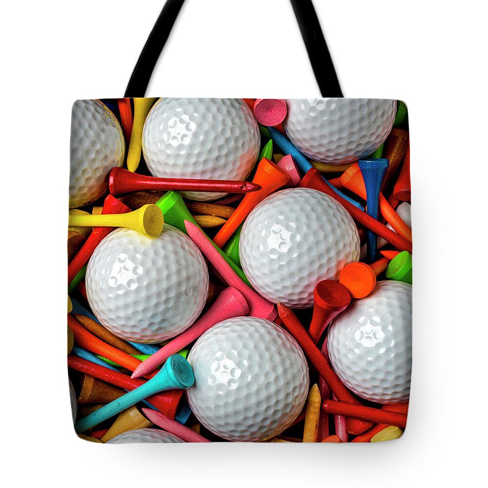 Golf Ball Tote Bag featuring the photograph Golf Balls And Colorful Tees by Garry Gay