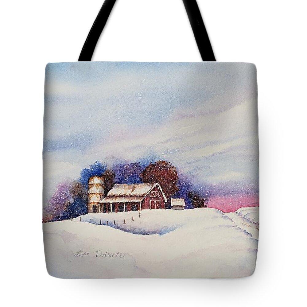 Snow Scene Tote Bag featuring the painting Long Road Home by Lisa Debaets