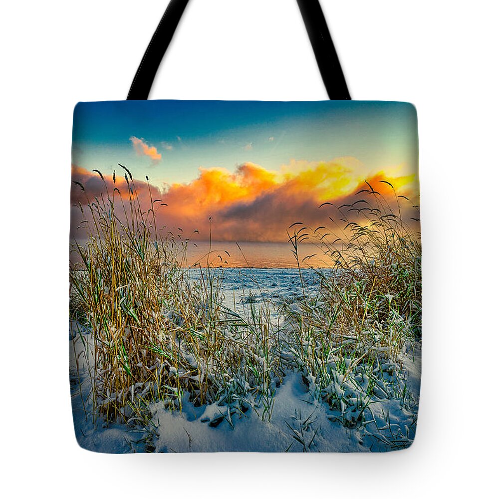 Idaho Tote Bag featuring the photograph Grass and Snow Sunrise by Tom Gresham