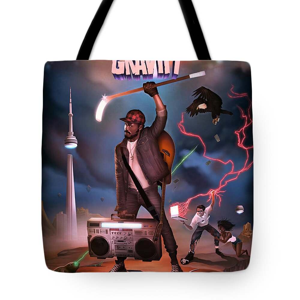 K-os Tote Bag featuring the digital art Gravity poster by Nelson Garcia