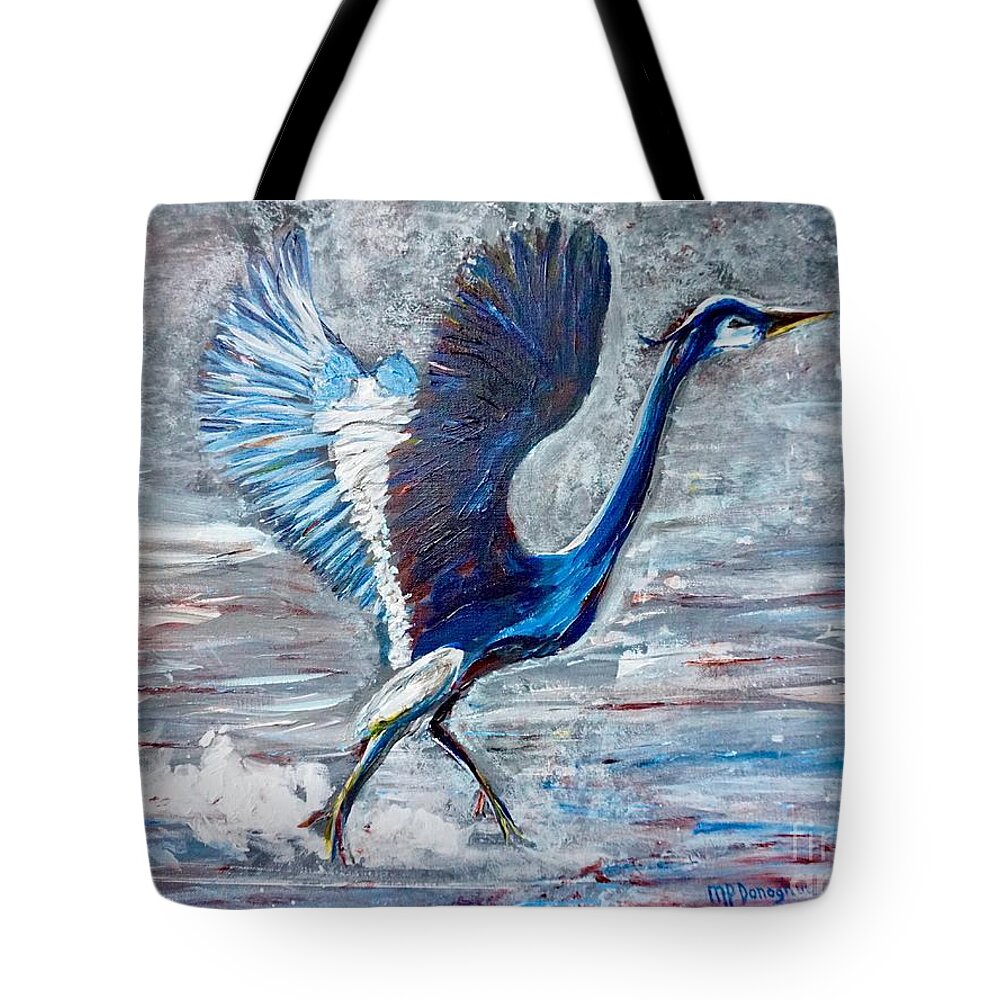 Great Blue Heron Tote Bag featuring the painting Great Blue Heron -Taking Flight from Water by Patty Donoghue