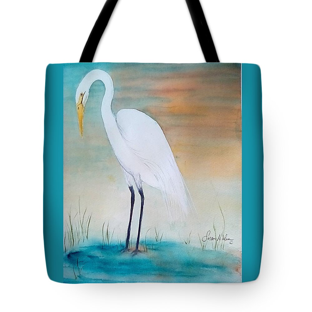 Vibrant Sunset White Egret Tote Bag featuring the painting Great Egret by Susan Nielsen