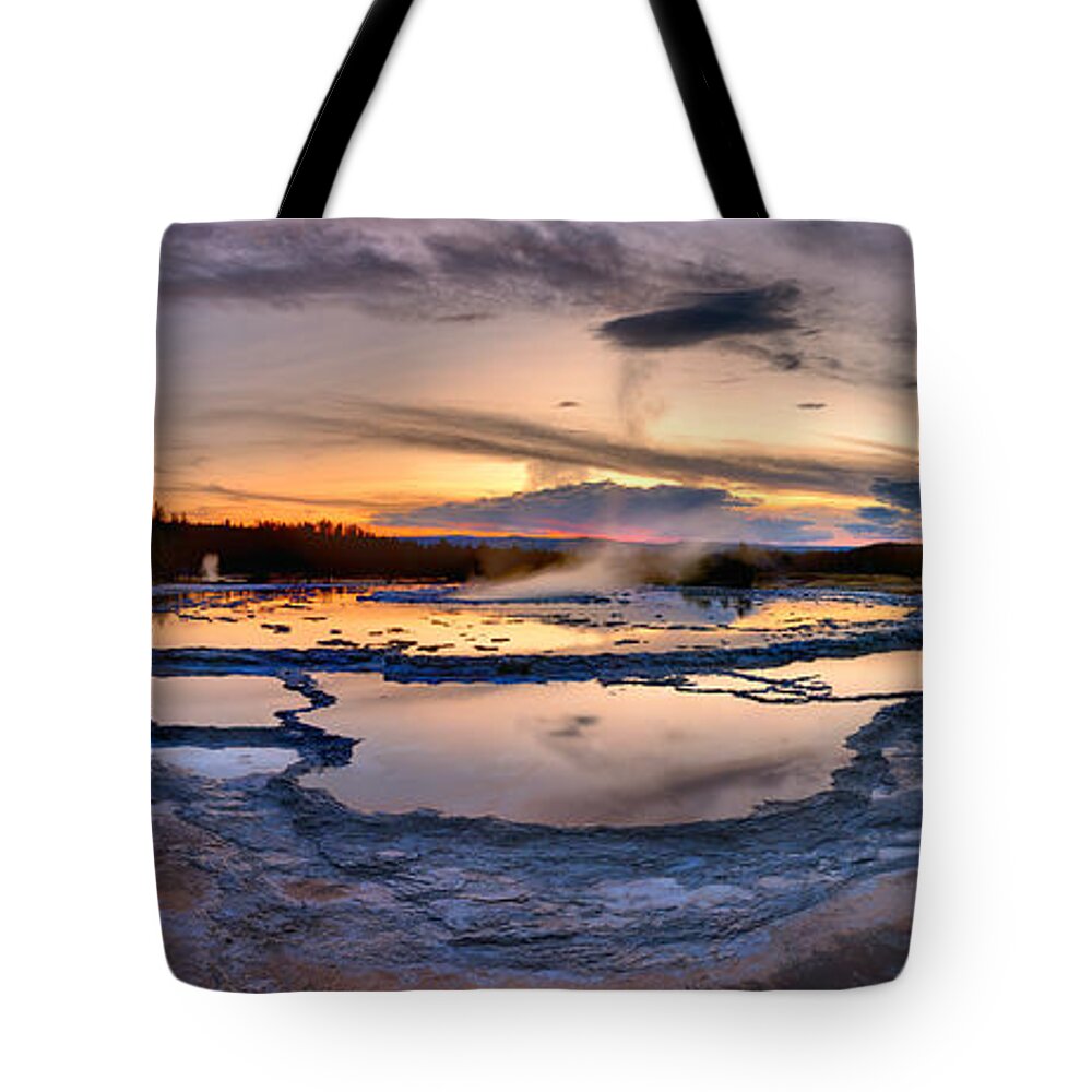Great Fountain Tote Bag featuring the photograph Great Fountain Extended Sunset Panorama by Adam Jewell