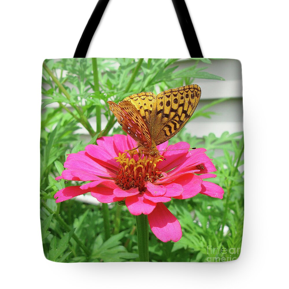 Great Spangled Fritillary Tote Bag featuring the photograph Great Spangled Fritillary and Zinnia 1 by Amy E Fraser
