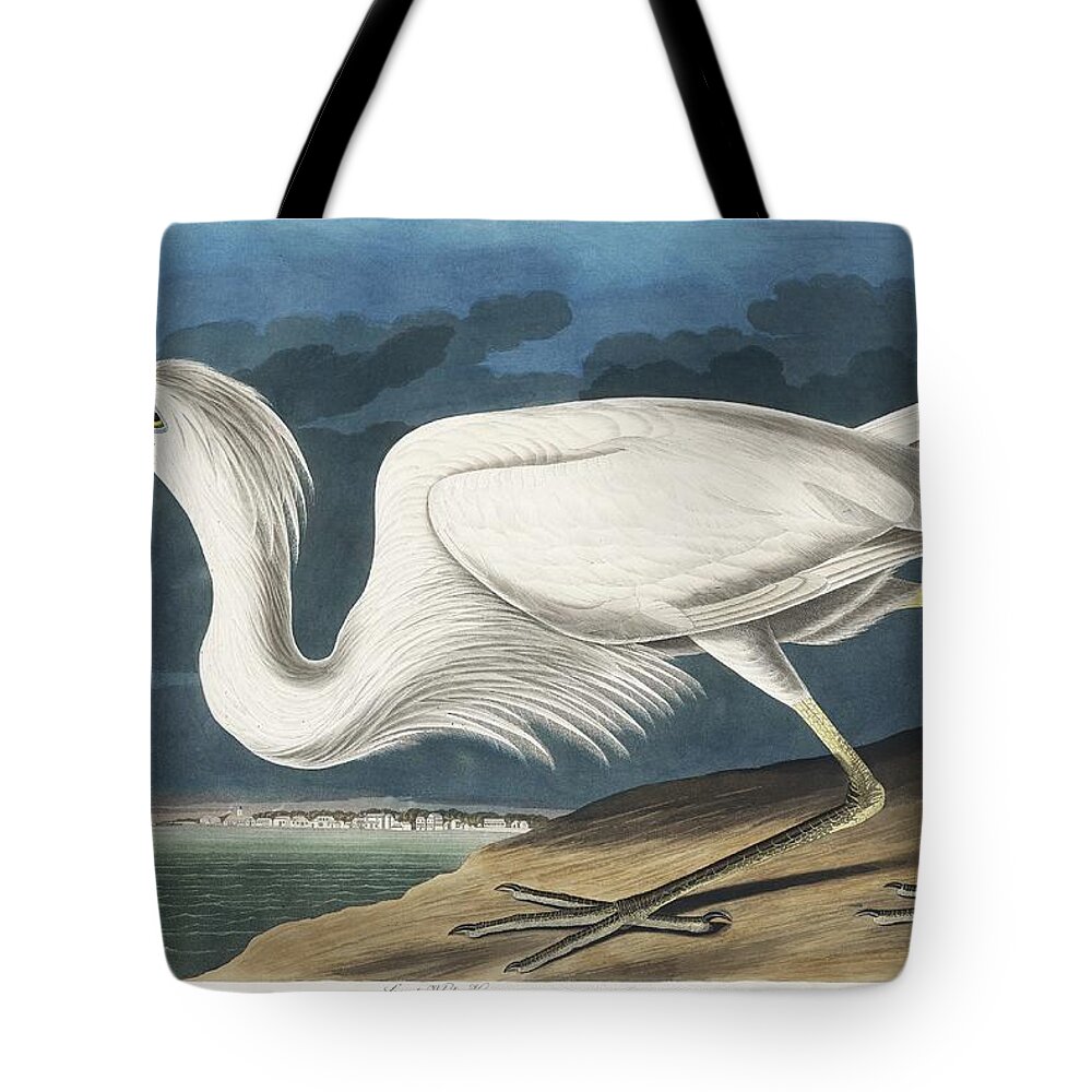 Duck Tote Bag featuring the painting Great White Heron from Birds of America 1827 by John James Audubon 1785 - 1851 , etched by Rober by John James Audubon