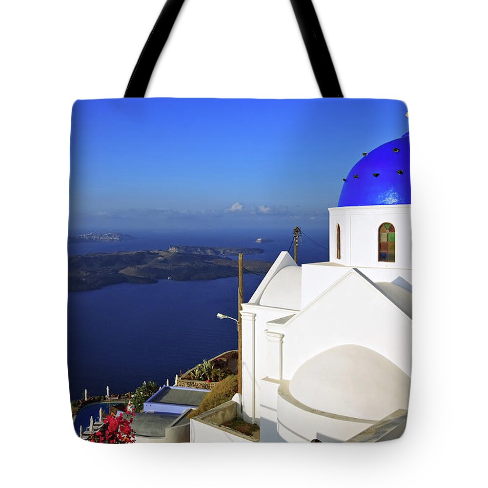 Scenics Tote Bag featuring the photograph Greek Church, Santorini Island, Greece by Rusm