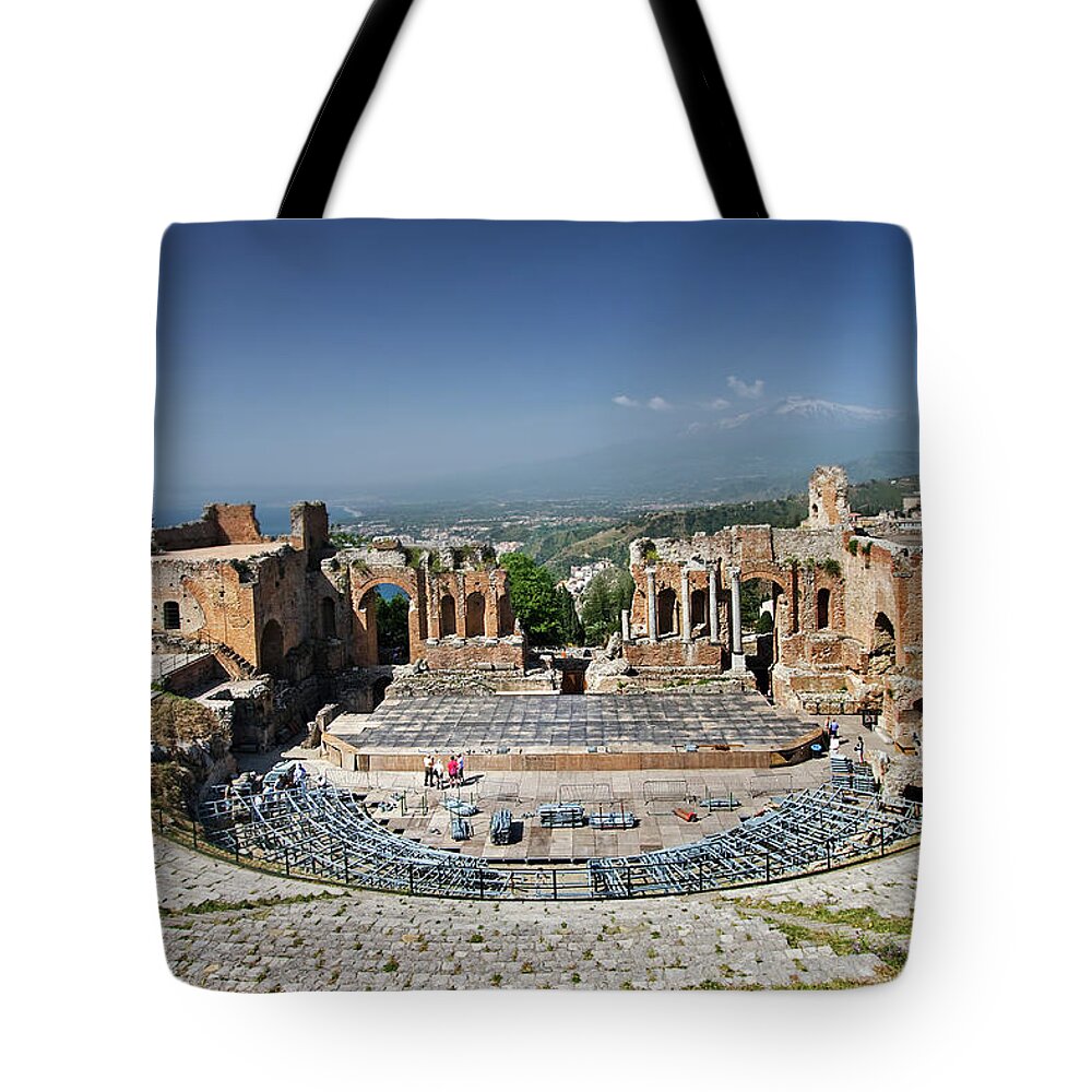 Sicily Tote Bag featuring the photograph Greek Theatre In Taormina by Ellen Van Bodegom