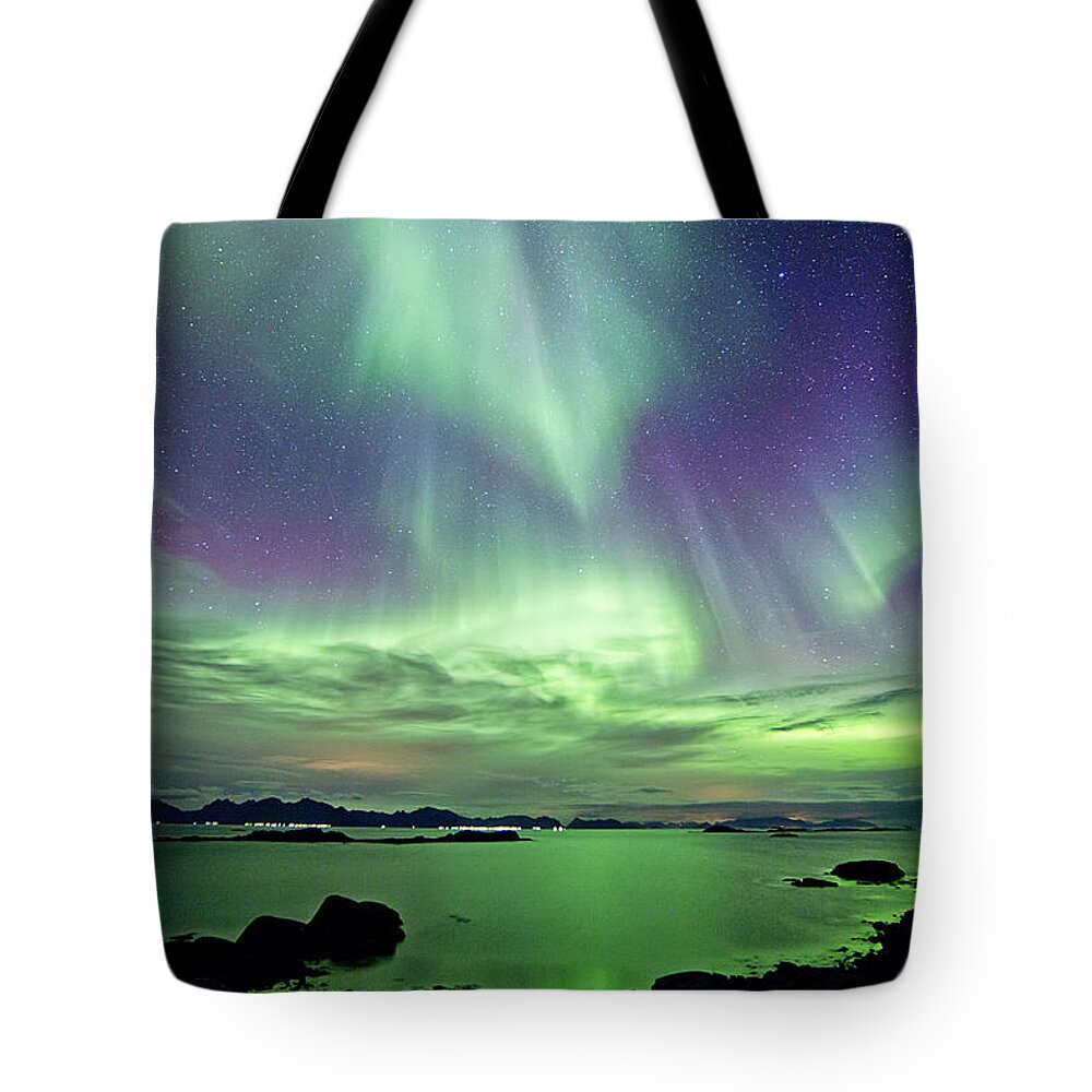 Scenics Tote Bag featuring the photograph Green And Violet Sky by By Frank Olsen, Norway