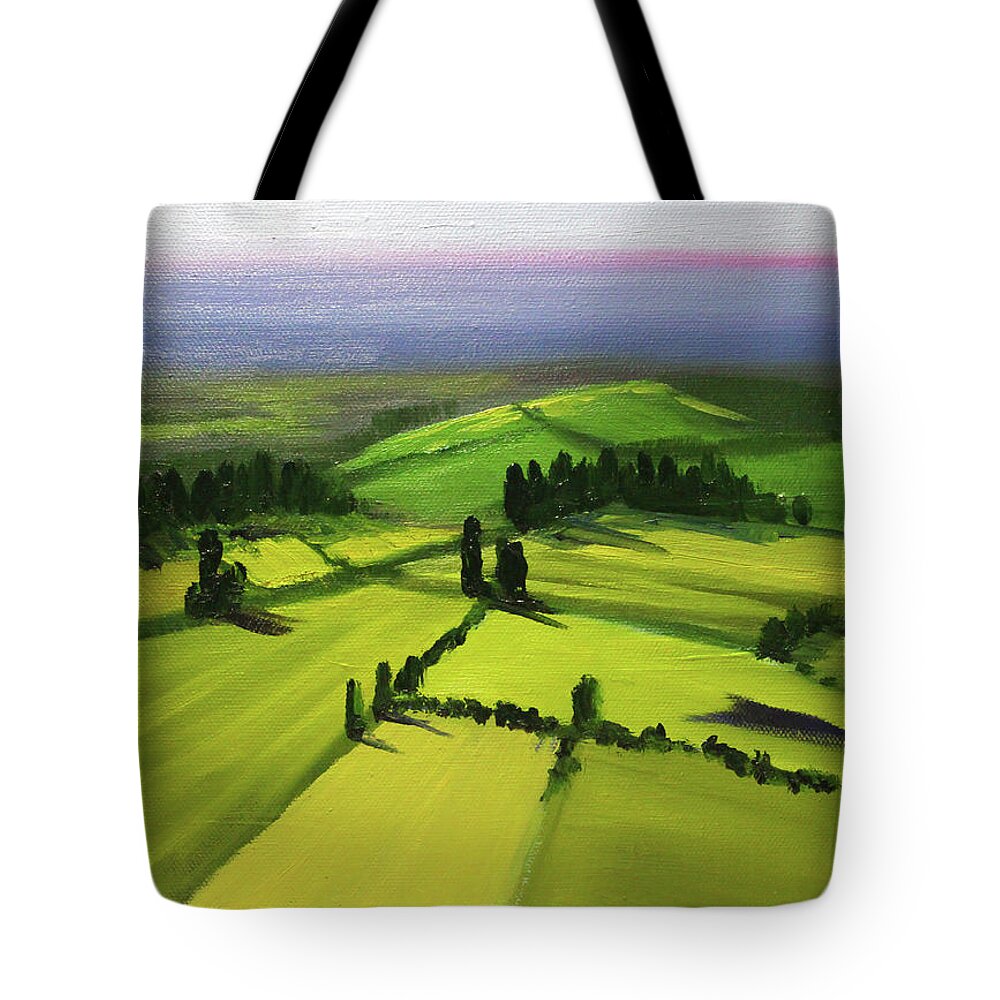 Green Fields Tote Bag featuring the painting Green Fields by Nancy Merkle