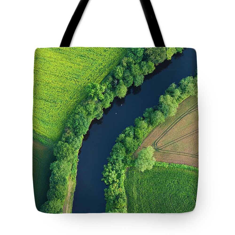 Scenics Tote Bag featuring the photograph Green Fields Summer Crops River Aerial by Fotovoyager