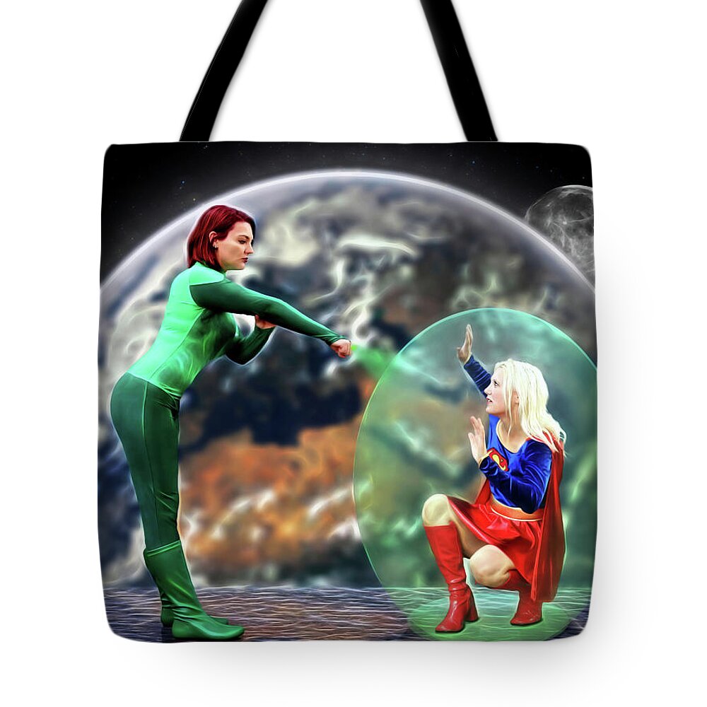 Super Tote Bag featuring the photograph Green Lantern Vs Super Woman by Jon Volden