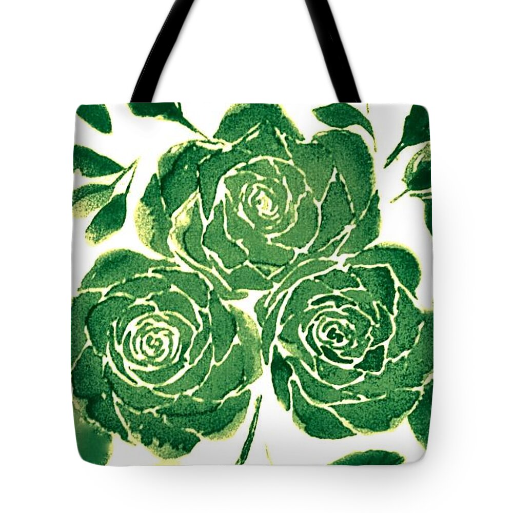 Green Tote Bag featuring the digital art Green Monochrome Roses by Delynn Addams
