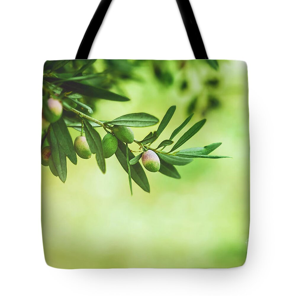 Agricultural Tote Bag featuring the photograph Green olives tree by Anna Om