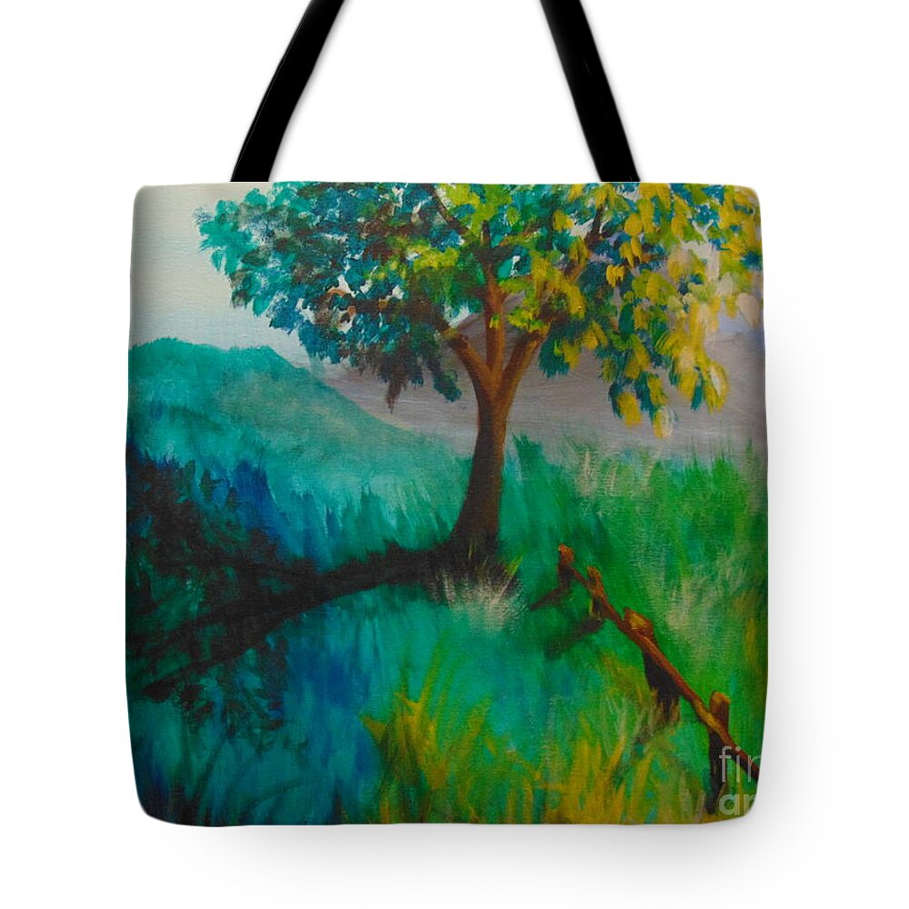 Green Tote Bag featuring the painting Green Pastures by Saundra Johnson