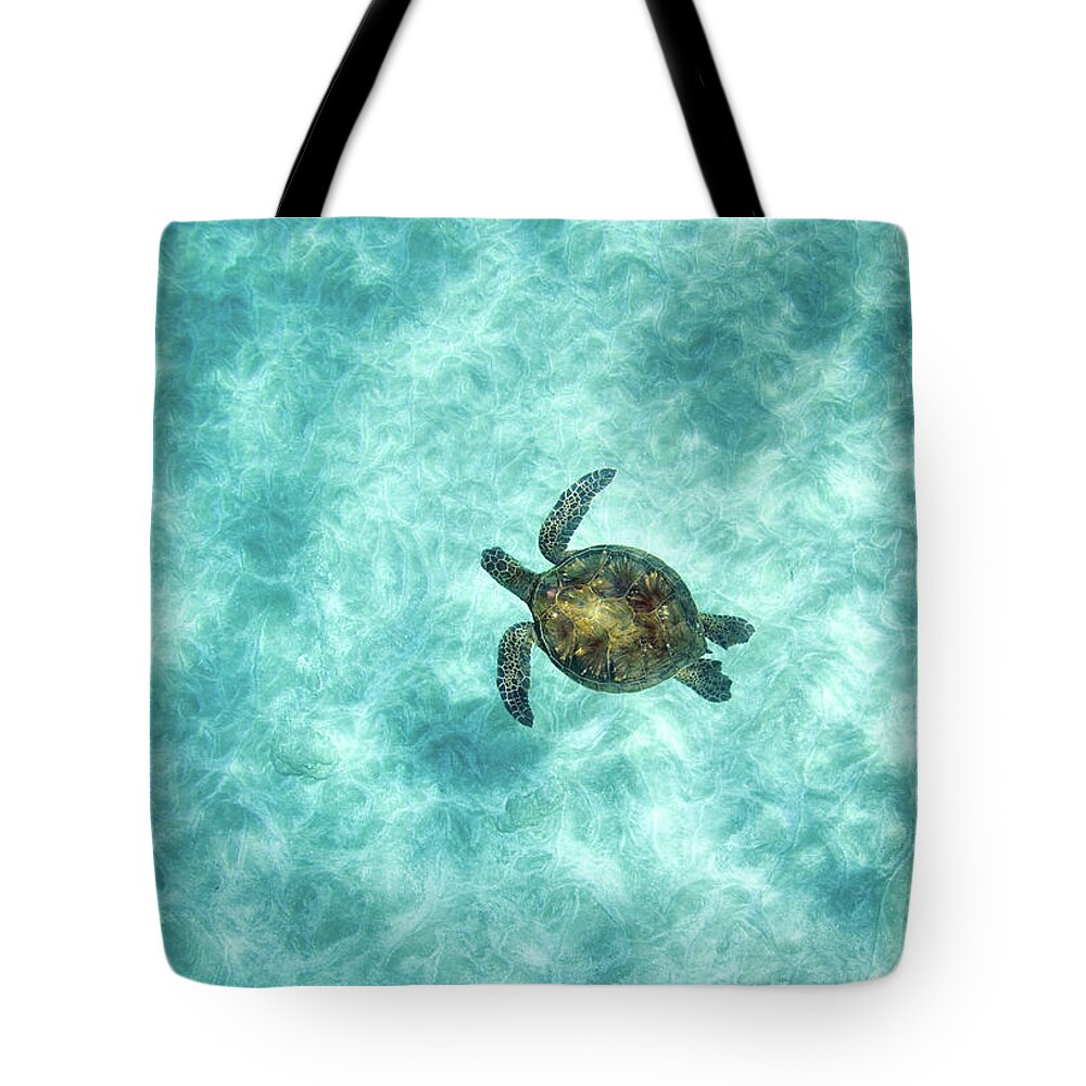 Underwater Tote Bag featuring the photograph Green Sea Turtle In Under Water by M.m. Sweet