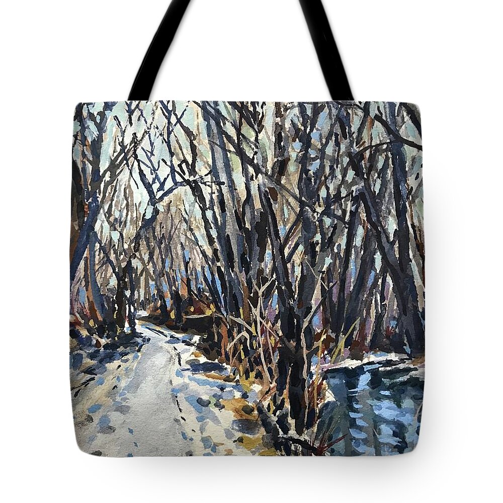 Snow Greenbelt Tote Bag featuring the painting Greenbelt Snow study by Les Herman