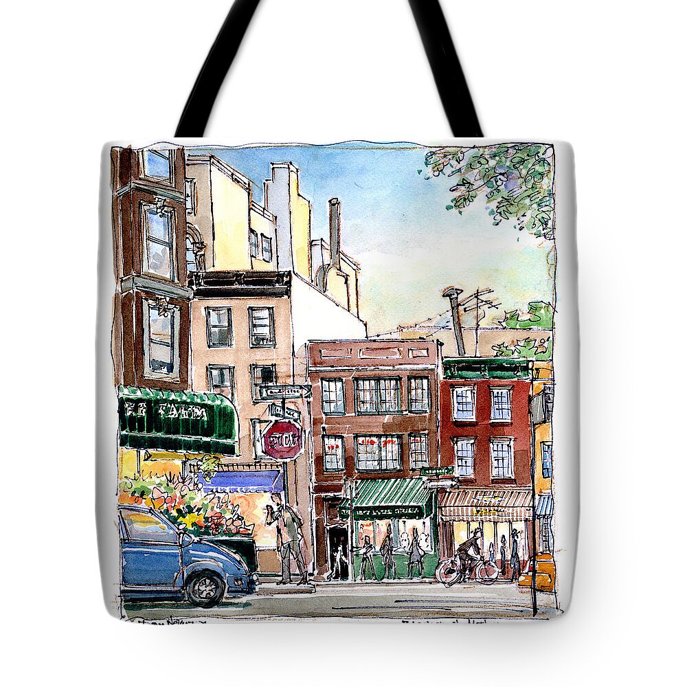 Greenwich Village Shops. Greenwich Village Shops Watercolor. New York. New York City. Nyc. New York Watercolor. New York City Watercolor. Nyc Watercolor. Tote Bag featuring the painting Greenwich Village Shops by Dan Nelson