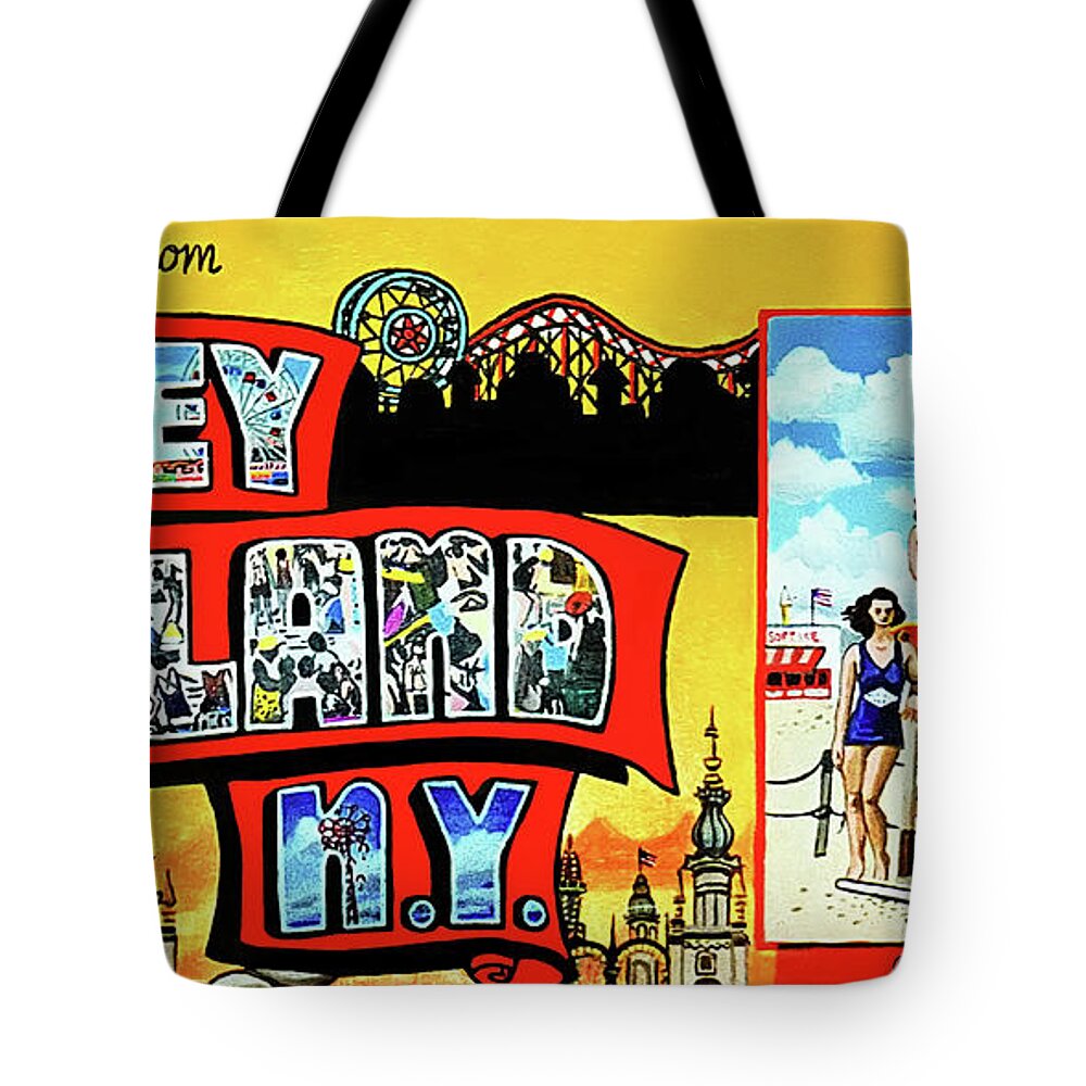  Tote Bag featuring the painting Greetings From Coney Island Towel Version by Bonnie Siracusa