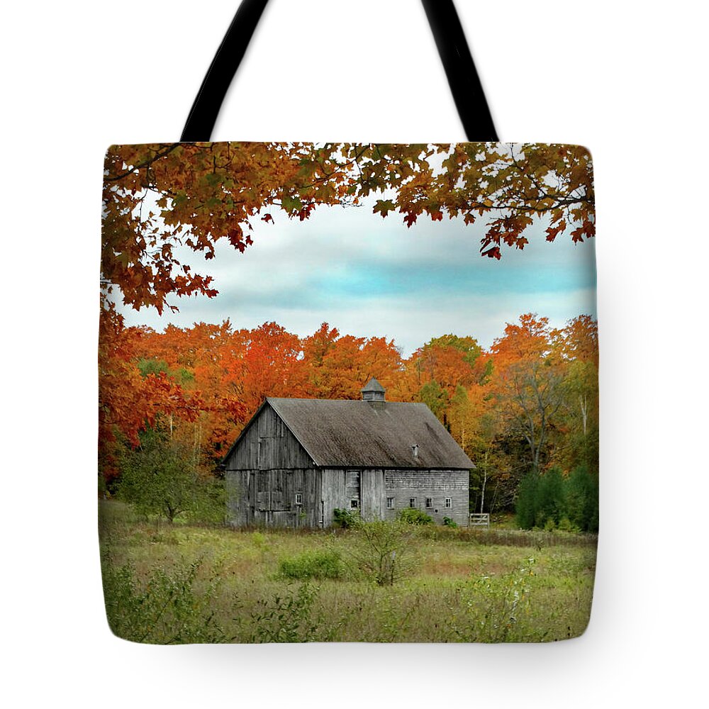 October Tote Bag featuring the photograph Grey Barn Fall Colors by David T Wilkinson