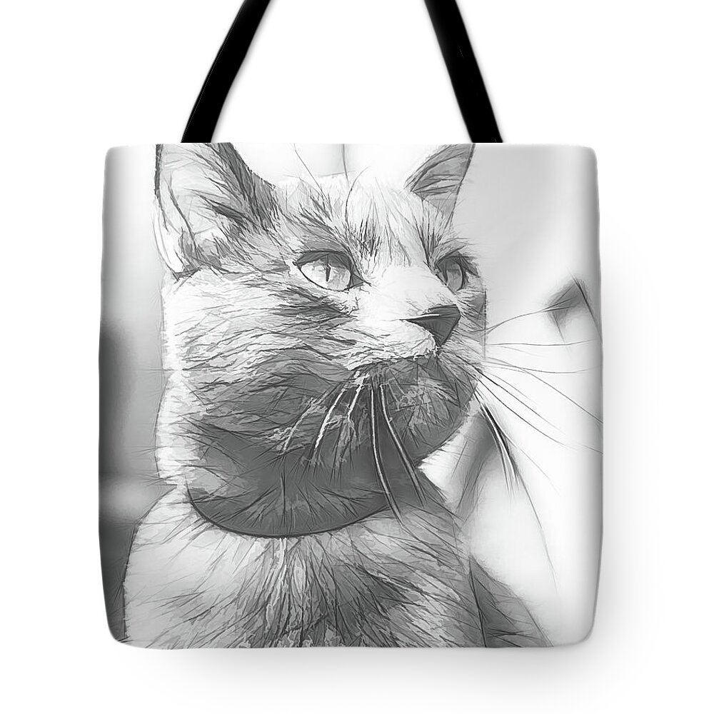 Art Tote Bag featuring the digital art Grey Cat Posing, Black and White Sketch by Rick Deacon