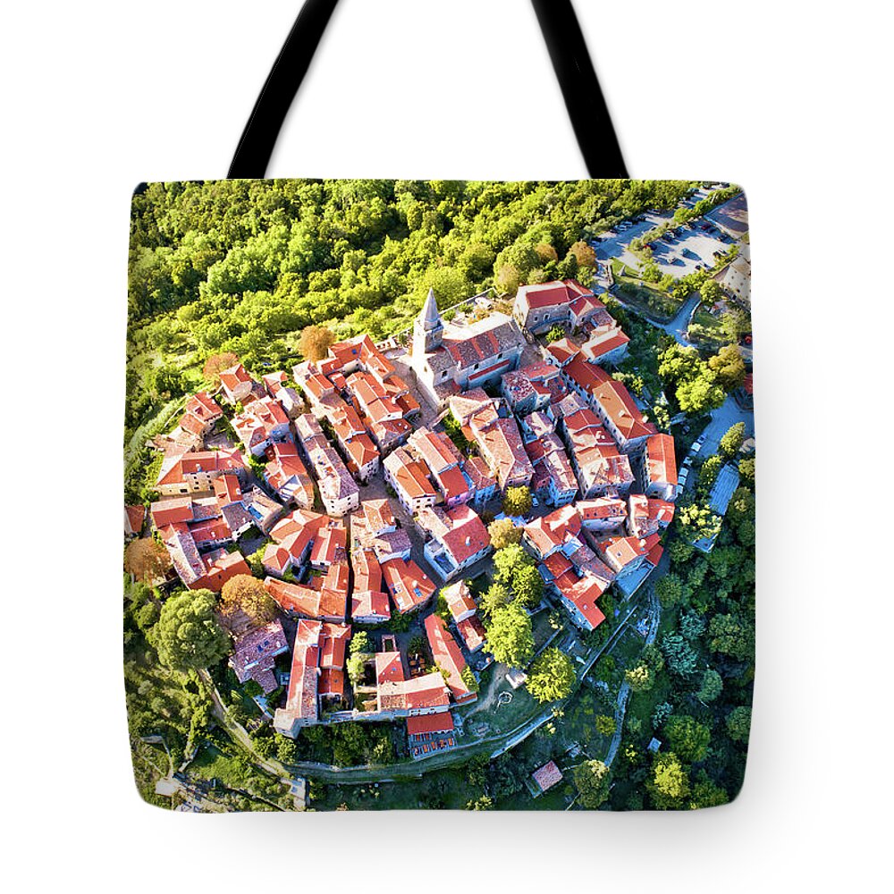 Groznjan Tote Bag featuring the photograph Groznjan. Ancient hill village of Groznjan aerial panoramic view by Brch Photography