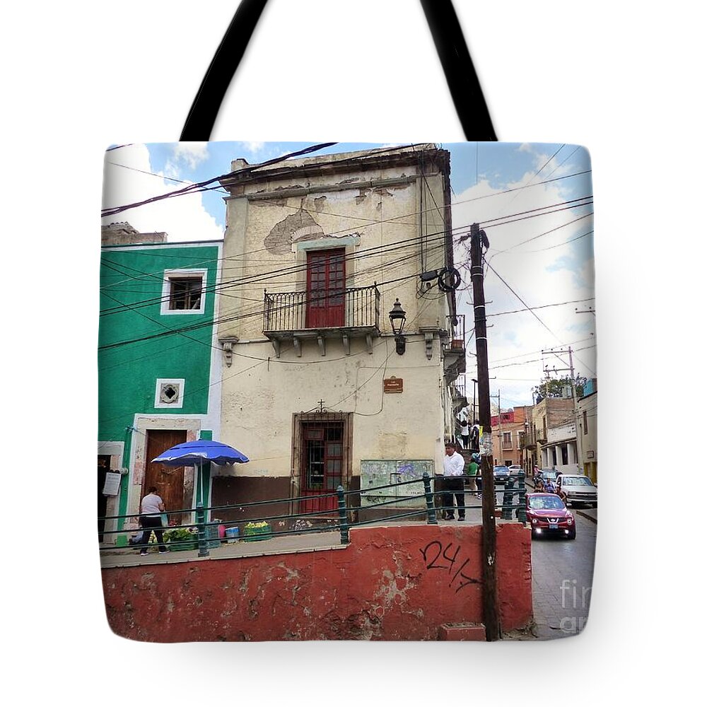 Colorful Stucco Buildings Tote Bag featuring the photograph Guanajuato Street Corner by Rosanne Licciardi