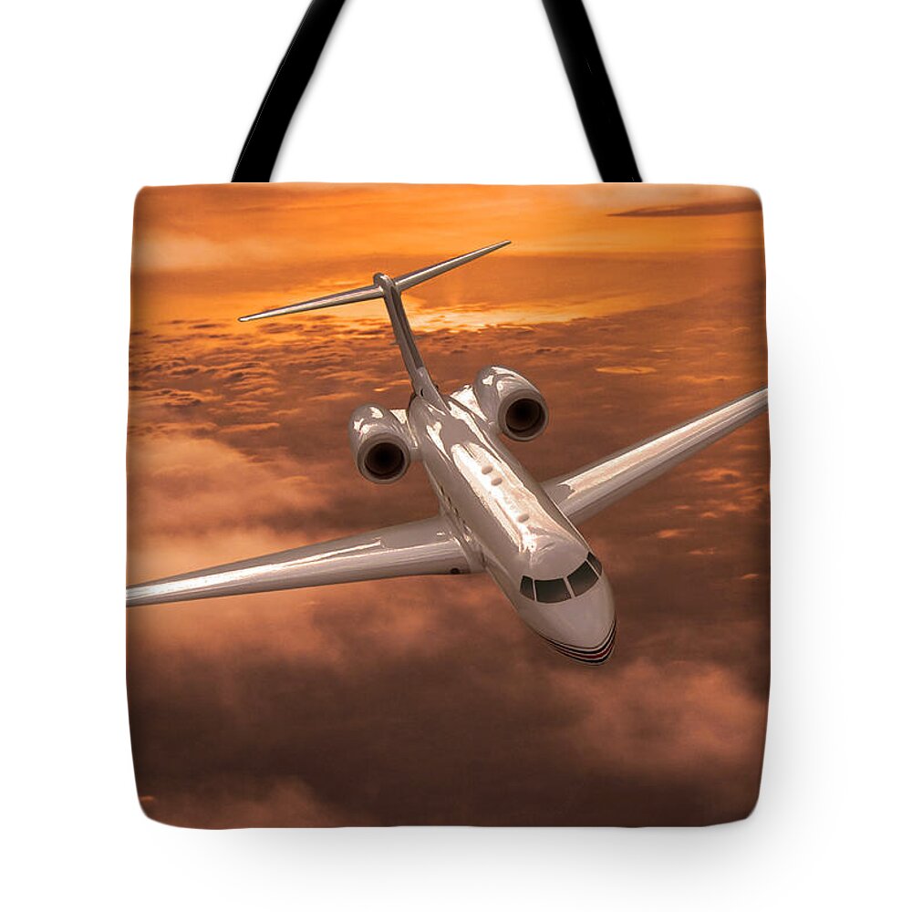 Gulfstream 550 Business Jet Tote Bag featuring the digital art Gulfstream 550 Out of the Sunset by Erik Simonsen