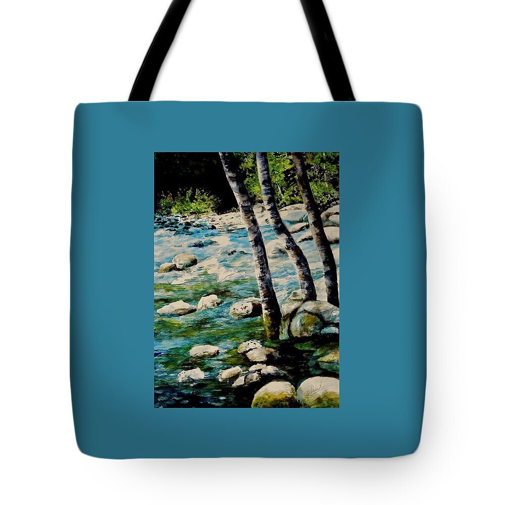 Rocky Waterfall Tote Bag featuring the painting Gushing Waters by Sher Nasser