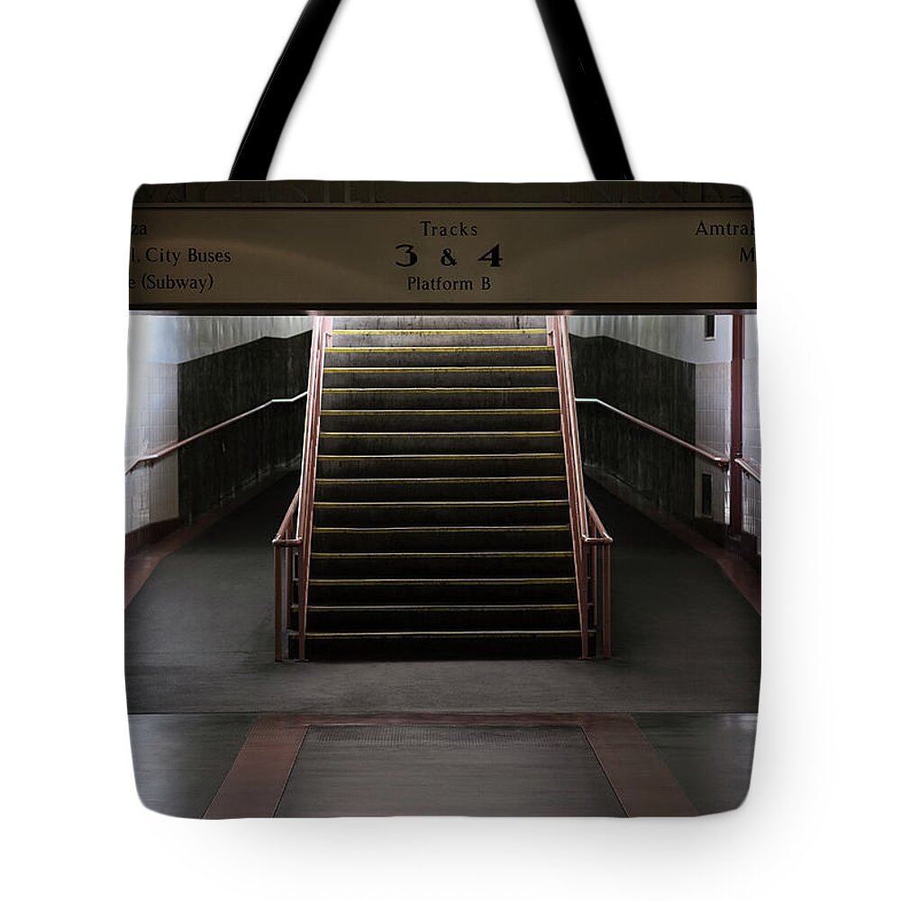 Tranquility Tote Bag featuring the photograph Hallway With Yellow Stairs by Robin Skjoldborg