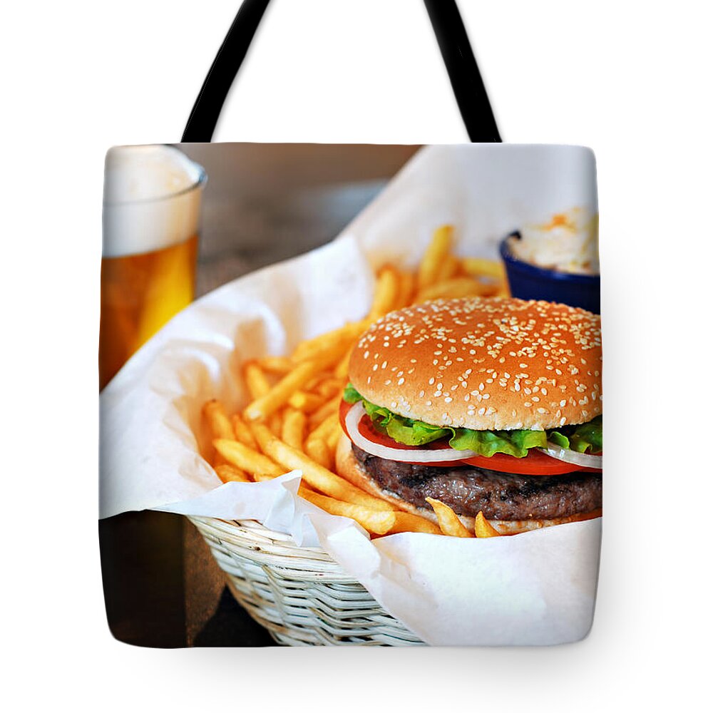 Unhealthy Eating Tote Bag featuring the photograph Hamburger & Beer by Muratkoc