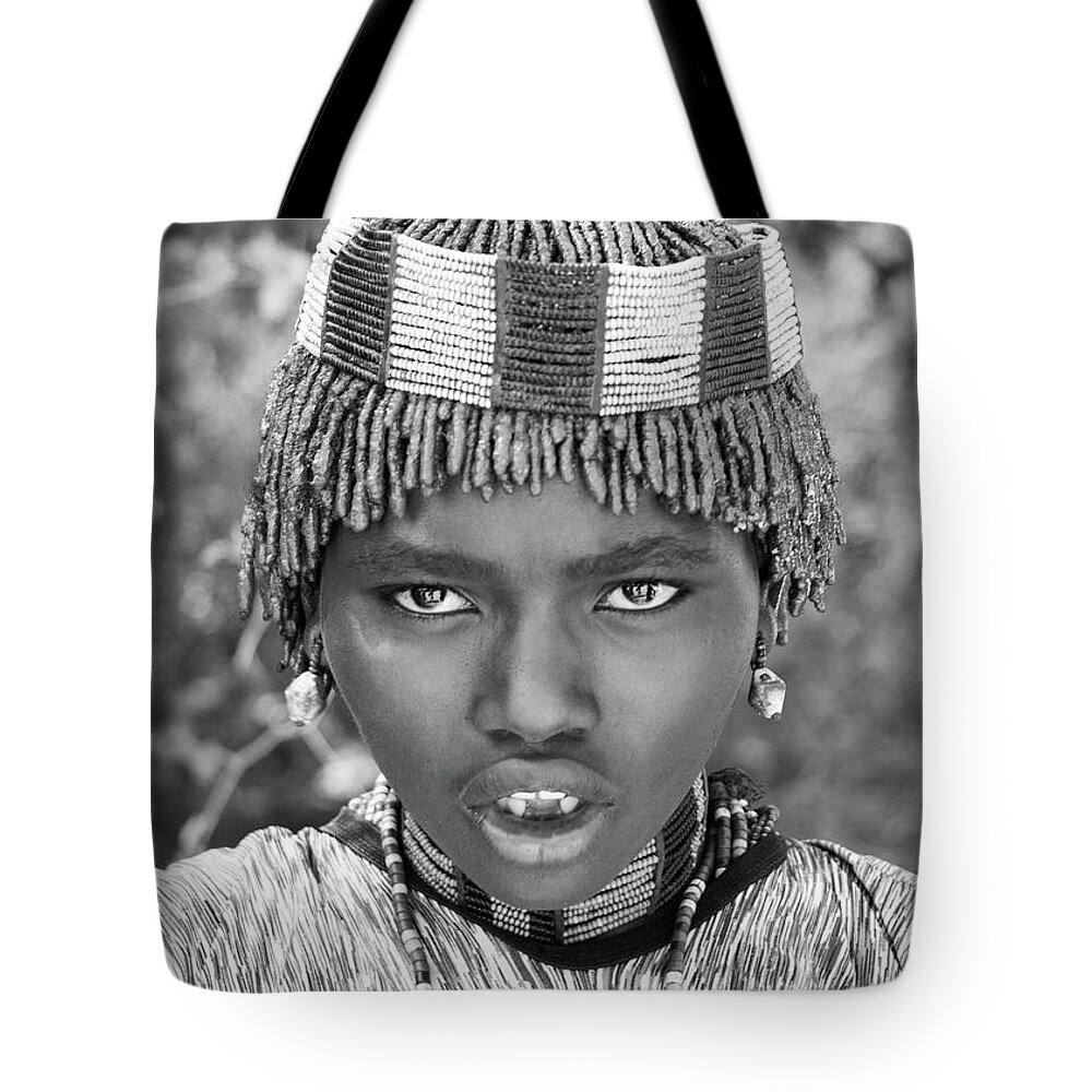 Portrait Tote Bag featuring the photograph Hammer Girl by Mache Del Campo