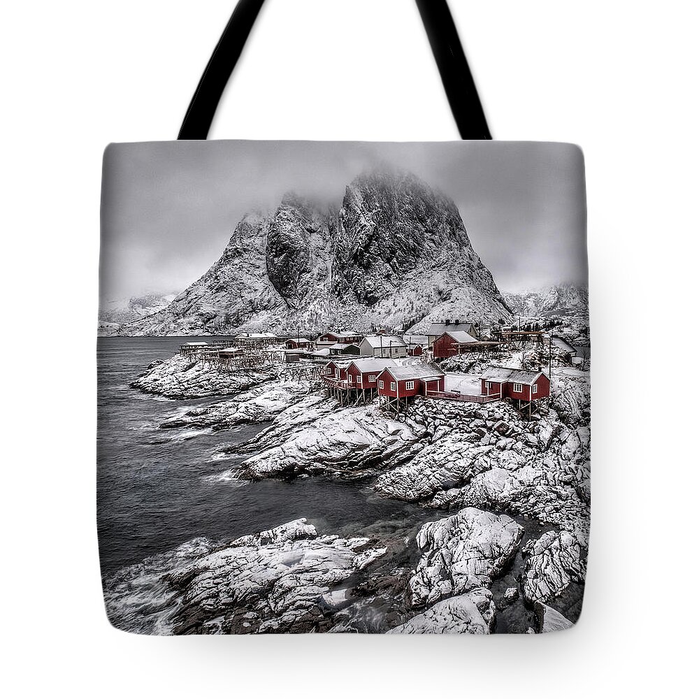 Hamnoy Tote Bag featuring the photograph Hamnoy Snow Scene by Roberta Kayne