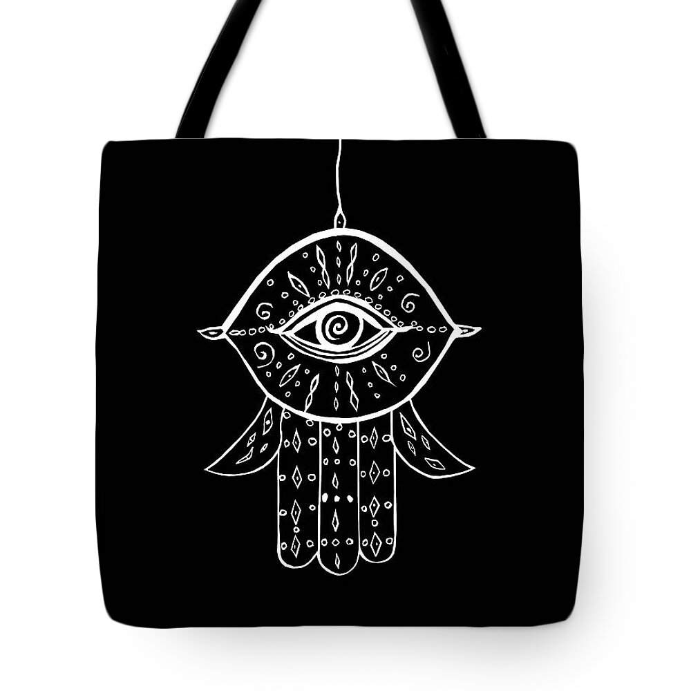 Drawing Tote Bag featuring the mixed media Hamsa Hand White on Black #1 #drawing #decor #art by Anitas and Bellas Art