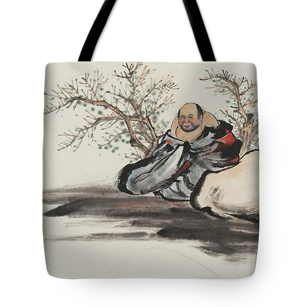Chinese Watercolor Tote Bag featuring the painting Happy Wandering Buddha #2 by Jenny Sanders