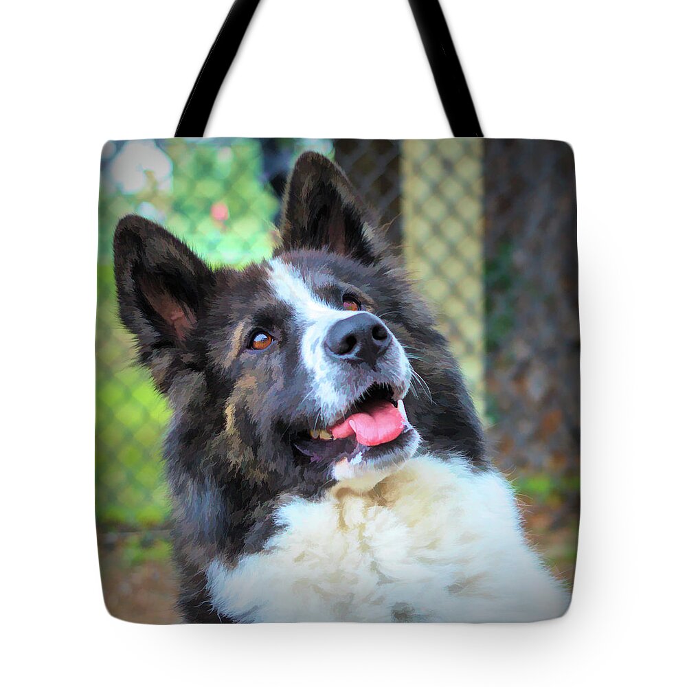 Art Tote Bag featuring the digital art Happy Dog Painted Portrait by Rick Deacon