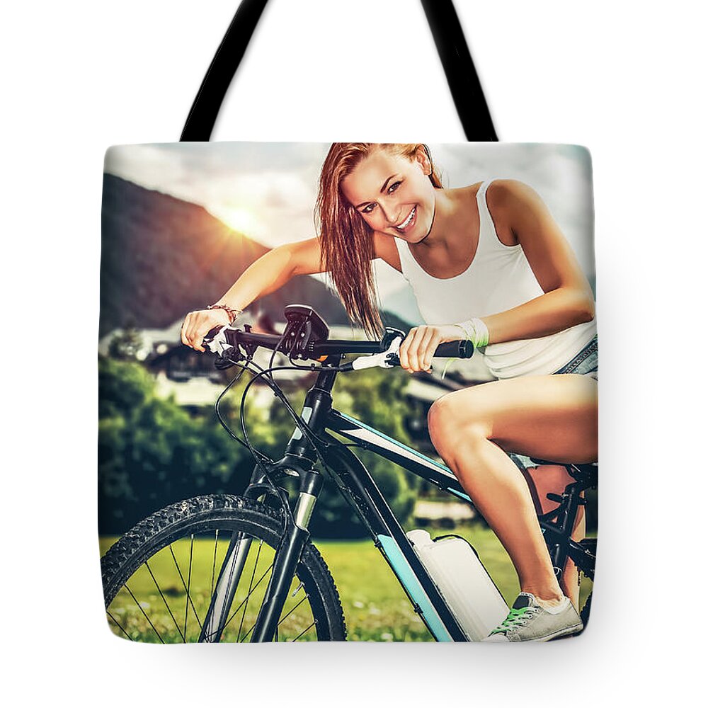 Active Tote Bag featuring the photograph Happy woman on bicycle by Anna Om