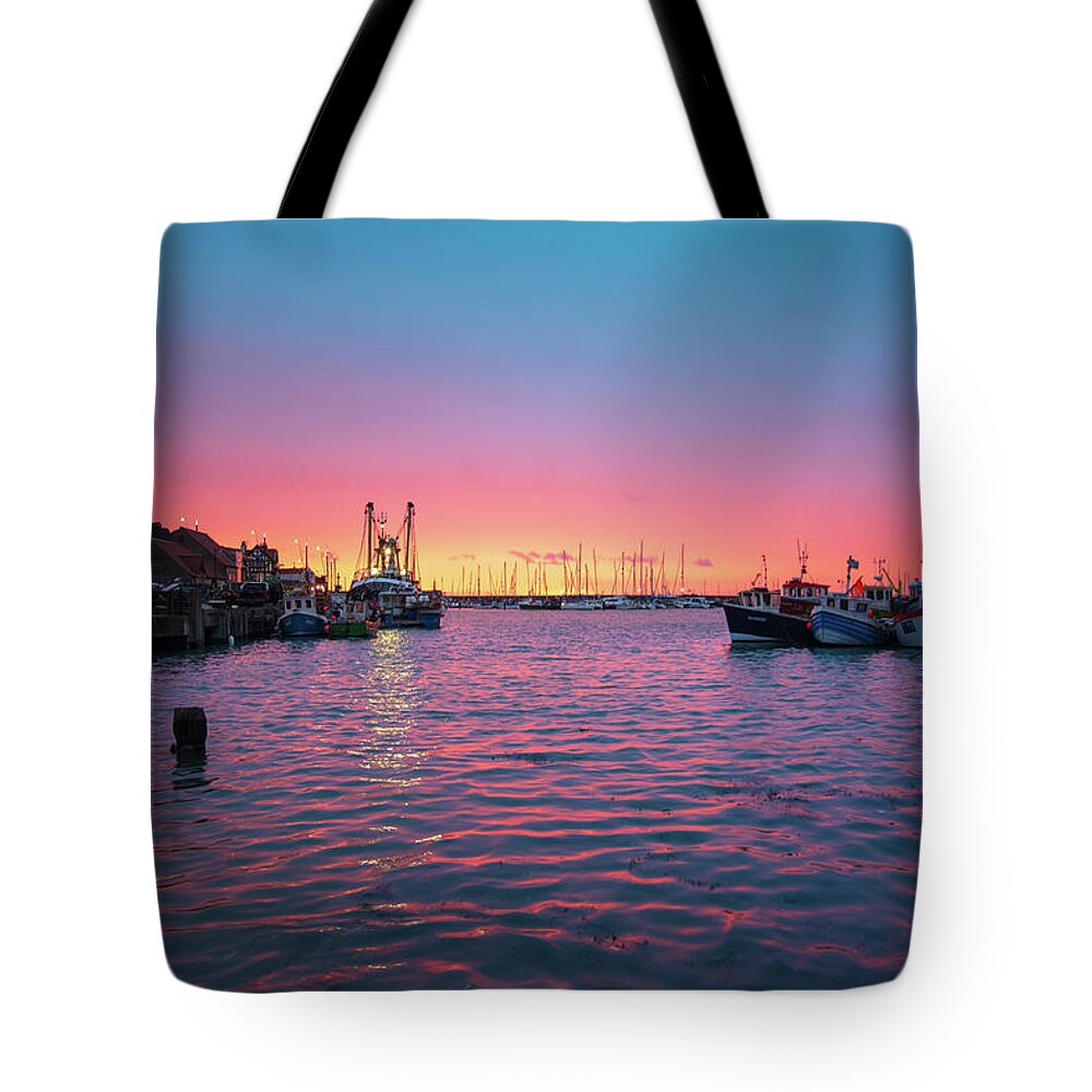 Scarborough Tote Bag featuring the mixed media Harbour Lights by Smart Aviation