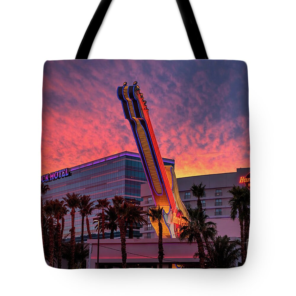 Las Vegas Strip Tote Bag featuring the photograph Hard Rock Hotel and Casino at Sunset by Aloha Art