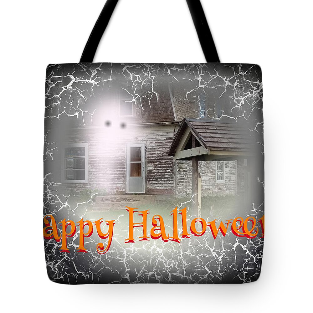 Haunted House Tote Bag featuring the digital art Haunted House Happy Halloween Card by Delynn Addams
