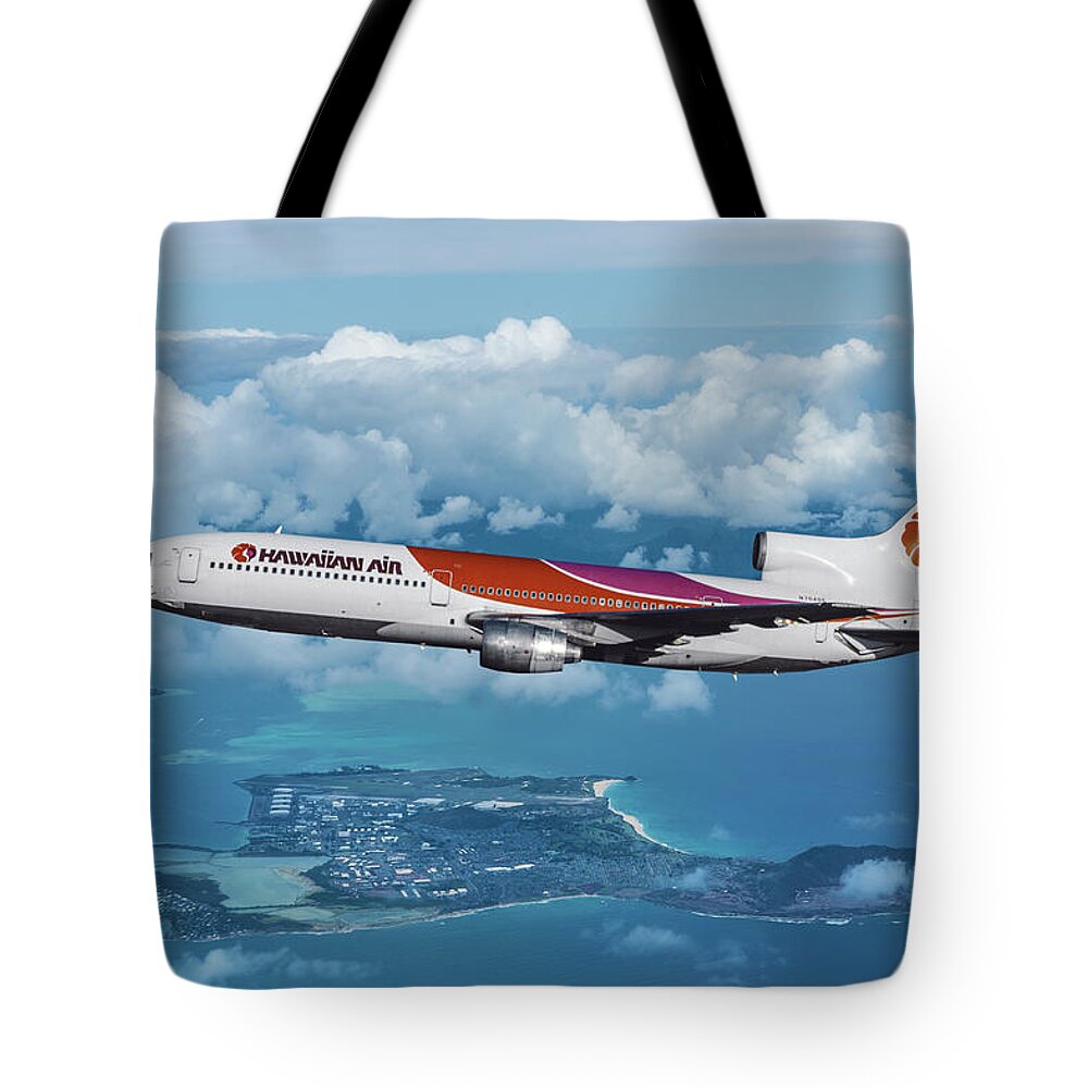 Hawaiian Airlines Tote Bag featuring the mixed media Hawaiian Airlines L-1011 Over the Islands by Erik Simonsen