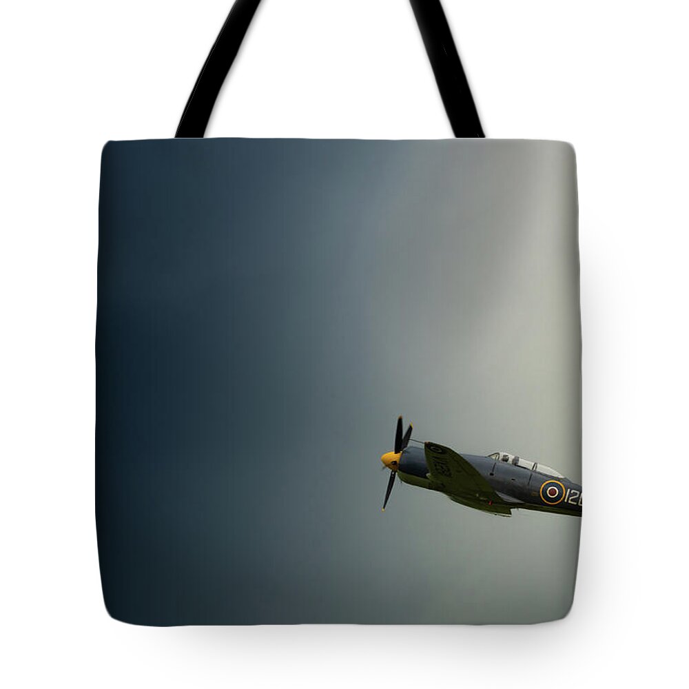 Aircraft Tote Bag featuring the photograph Hawker Sea Fury into the blue by Scott Lyons