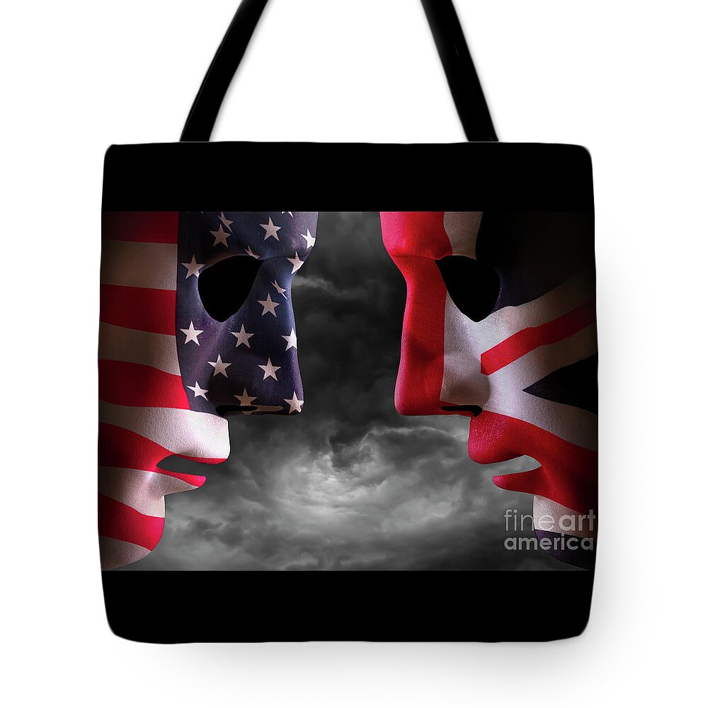 Flag Tote Bag featuring the photograph Head to head USA and UK flag faces by Simon Bratt