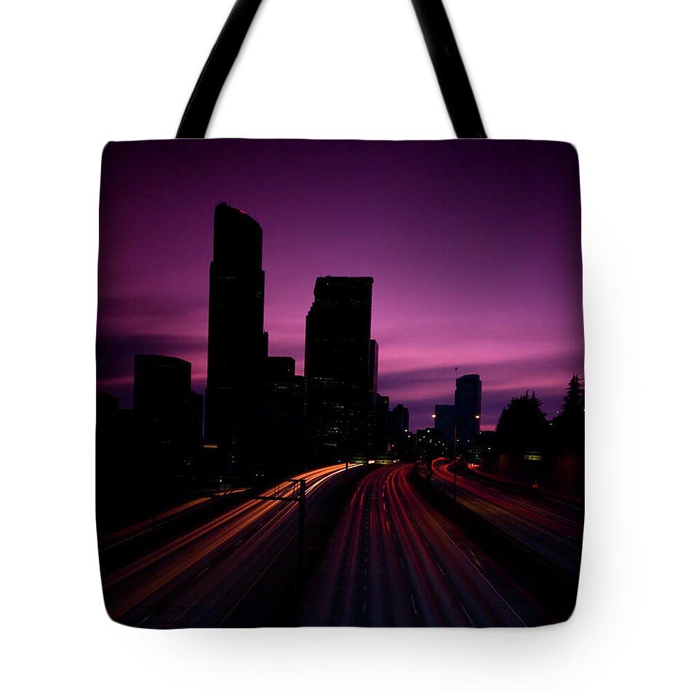 Tranquility Tote Bag featuring the photograph Headlight Streaks In City Twilight by Engelhardt.zenfolio.com