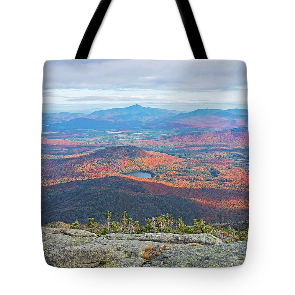 Adirondacks Tote Bag featuring the photograph Heart Lake and Whiteface Mountain as seen from the Summit of Wright Mountain Adirondacks by Toby McGuire