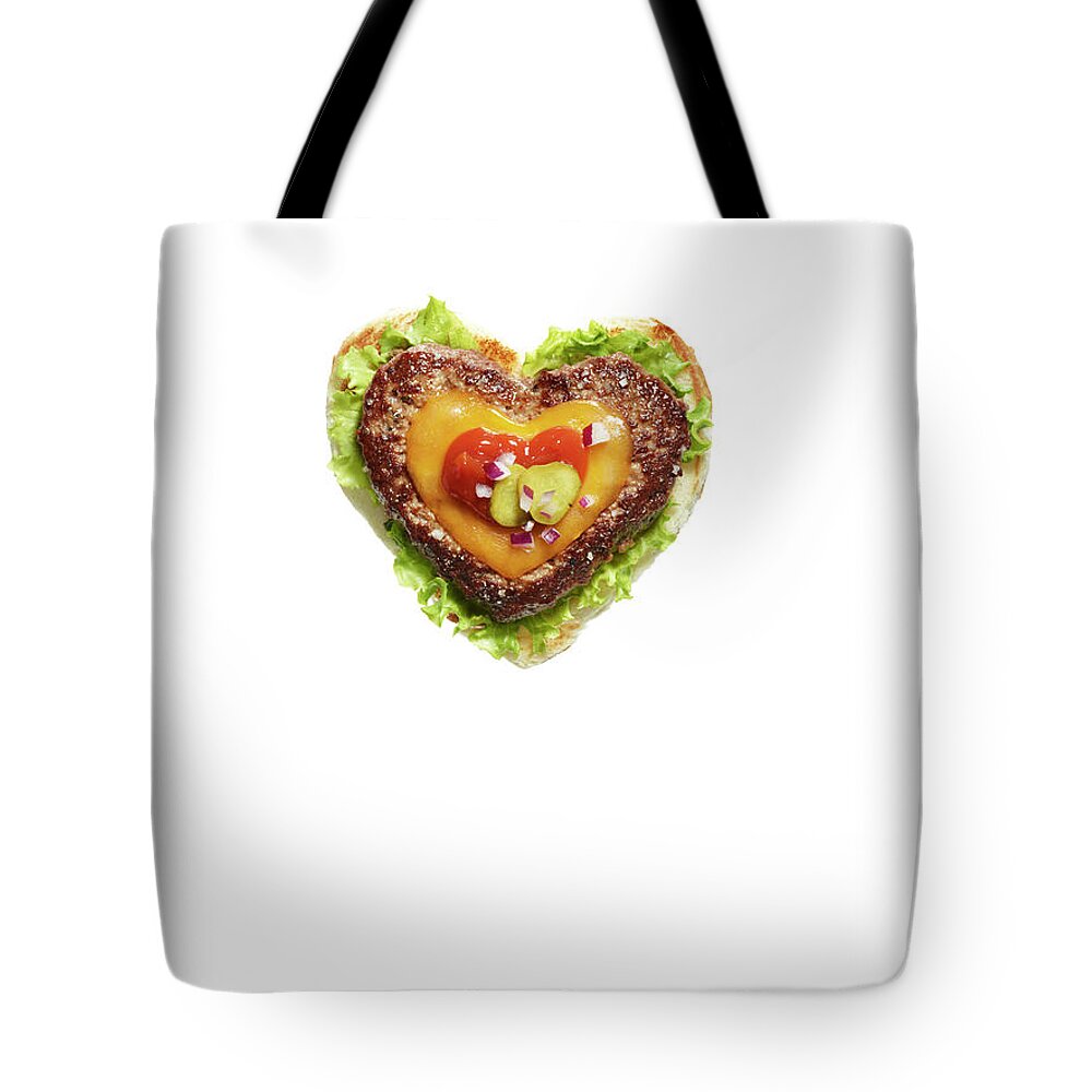 Cheese Tote Bag featuring the photograph Heart Shaped Cheese Burger On White by Maren Caruso