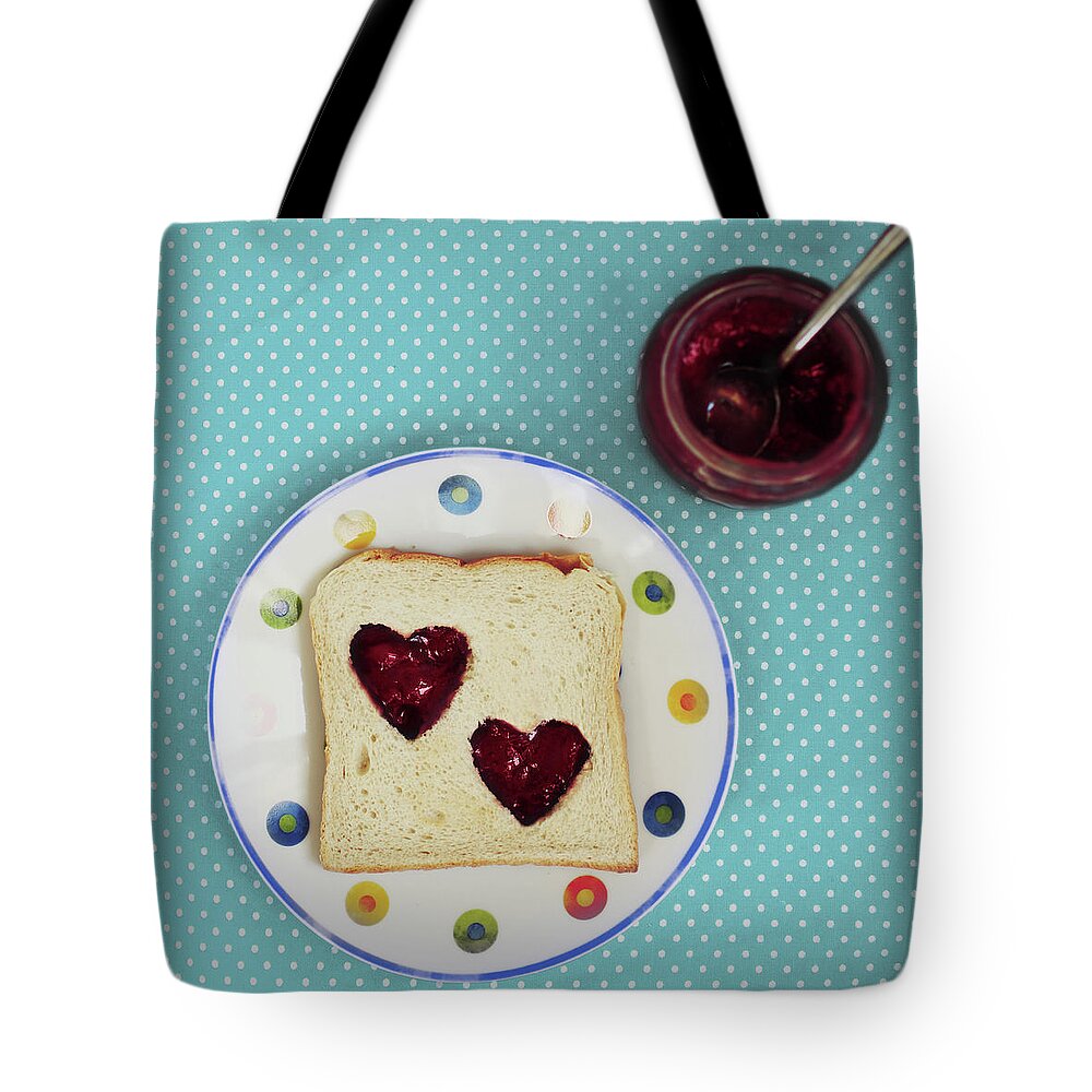 Breakfast Tote Bag featuring the photograph Heart Shaped Jam On Toast by Julia Davila-lampe
