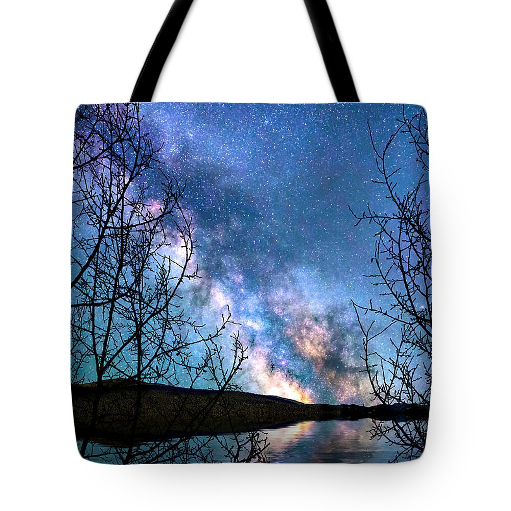 Milky Way Tote Bag featuring the digital art Heaven and Earth by Mike Braun