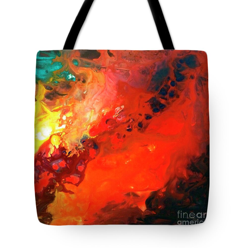 Sally Trace Tote Bag featuring the painting Heavenly Fire Canvas Three by Sally Trace