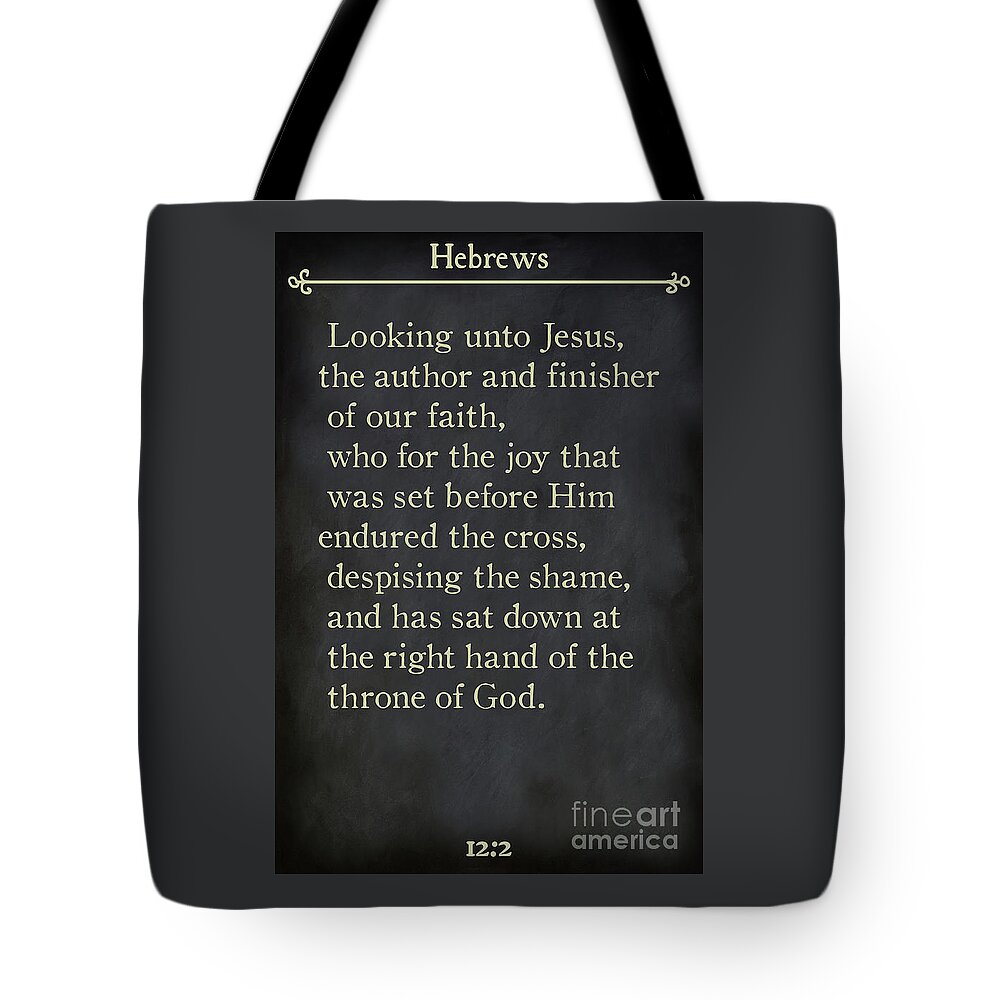 Hebrews Tote Bag featuring the painting Hebrews 12 2 - Inspirational Quotes Wall Art Collection by Mark Lawrence