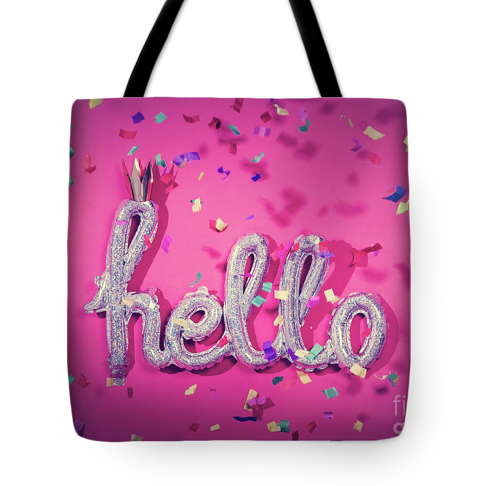 Party Tote Bag featuring the photograph HELLO balloon and falling confetti. by Michal Bednarek